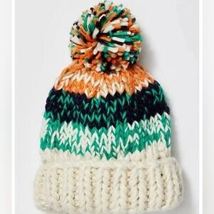 NWT Free People Tide Stripe Knit Pom Beanie Hat Green White NEW